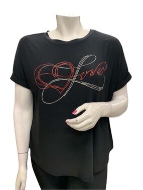 Ava & Grace Black Short Sleeve Top with Red and Silver Studded 'Love' Motif S16